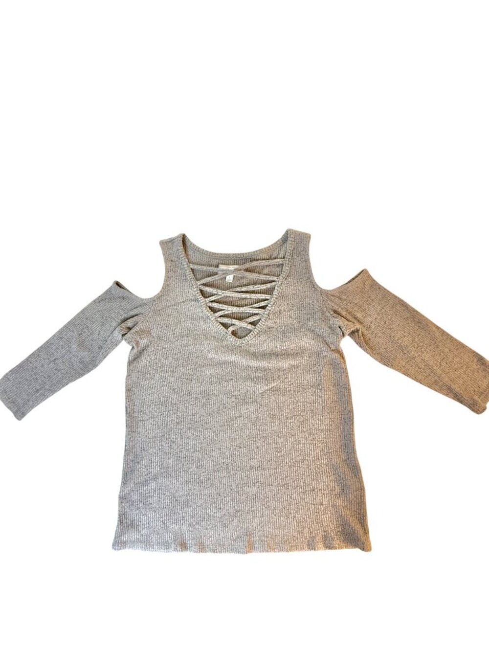 Lucky Brand Womens Size L Gray Ribbed Cold Shoulder Top Crisscross V-Neckline